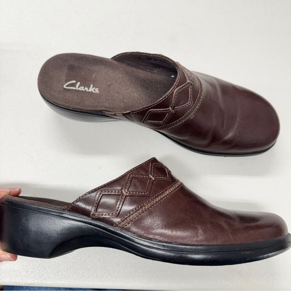 Clarks Brown Leather Mules